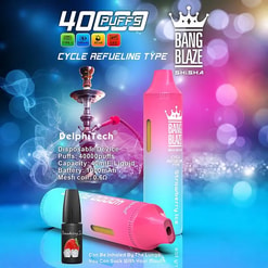 Colourful ad showing two pink-to-blue gradient disposable Bang Blaze shisha vape devices with a crown logo, a small strawberry e-liquid bottle and a hookah silhouette against a bokeh background with product claim text.