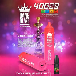 Bright pink advertisement for Bang Blaze Shisha disposable vape showing two pink cylindrical devices—one upright labeled Strawberry Watermelon and one lying down marked 40000 PUFFS—beside a small e-liquid bottle with a strawberry image and a decorative hookah silhouette against a bokeh background with product specs and logos.