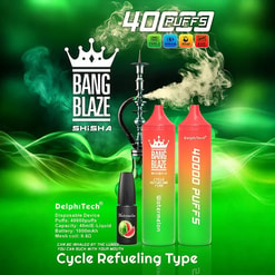 Green promotional image for Bang Blaze Shisha showing two tall gradient disposable vape devices labelled 40000 PUFFS and 'Watermelon', a small watermelon-flavoured e-liquid bottle, a hookah silhouette blowing smoke, and product specs (40 mL e-liquid, 1000 mAh battery, 0.6 Ω mesh coil) over a smoky green background.