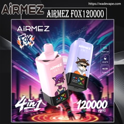 Promotieposter met twee pastelkleurige AirMez Fox 4-in-1 wegwerpvapes – een roze en een lavendelkleurige eenheid versierd met cartoonvosjes – tegen een neon sci-fi stadsachtergrond, met branding, de website wadevape.com en voorzien van badges met de tekst Mesh Coil, 15ml×4, Type-C en 120.000 soezen.