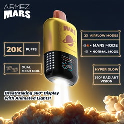 Geel-zwart AiRMEZ Mars wegwerpvape-apparaat afgebeeld als een raket die boven gloeiende wolken wordt gelanceerd, omgeven door labels die 20K-trekjes benadrukken, een dubbele mesh-spoel, twee luchtstroommodi en een 360° geanimeerd lichtscherm.