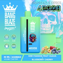 Promotional graphic for Bang Blaze Joycome disposable device featuring a turquoise-to-green vape unit with crown logo and '4 PUFFS' label, accompanying fruit illustrations (kiwi, passion fruit, guava, blueberry, cherry), icons for mesh coil, slide, oil tank and Type-C, specs '40 ML' and '650MAH', and a pastel skull artwork in the background.