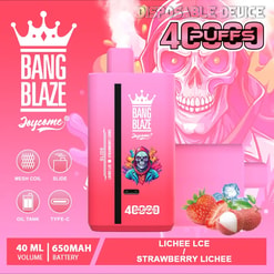 Bright pink promotional image for a Bang Blaze Joycome disposable vape device showing the rectangular pink device with crown logo and flavour label, icons for mesh coil, slide, oil tank and Type‑C, text indicating 40 ml volume and 650 mAh battery, and illustrations of strawberries, lychee fruit and ice to indicate lichee ice/strawberry lichee flavour.