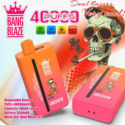 Advertising image of two orange-pink gradient Bang Blaze disposable vape devices, one upright and one on its side, featuring a cartoon skull wearing sunglasses and a beanie smoking a cigarette, with text and icons indicating 40,000 puffs, Type-C charging, 650mAh battery, 40ml e-liquid capacity and dual mesh 1.2Ω coil.