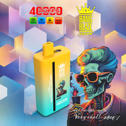 Bright, stylised advertisement featuring a gradient yellow-to-teal rectangular vape device with a top mouthpiece and Bang Blaze crown logo, pictured next to a colourful illustrated skull with teal pompadour hair and sunglasses sipping from a cup, all set against a pastel hexagonal geometric background with product icons for Type‑C, 650mAh and 40ml.