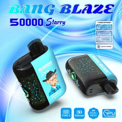 Two blue-and-black Bang Blaze “50000 Starry” vape devices on a swirled blue background — one standing showing a cartoon monkey in a hat with “Blueberry Raspberry” text, the other lying flat with constellation-style dot patterns, plus small icons indicating mode options, Type-C, 550mAh and dual-mesh features.