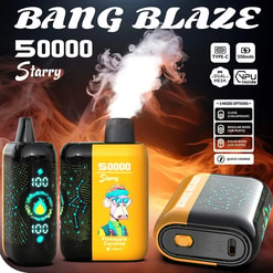 Bang Blaze 50000 Starry disposable vape ad showing three black-and-yellow devices — centre unit releasing a plume of white vapour, front panel featuring a colourful cartoon ape and 'Pineapple Coconut' label, other units showing LED flame and battery indicators — set against a smoky, fiery background with small icons for Type-C, 550mAh, dual mesh and mode options.