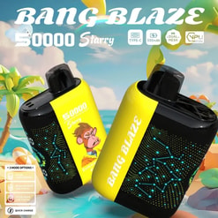 Two yellow-and-black Bang Blaze 50000 Starry vape devices with visible mouthpieces, constellation-style dot patterns and a cartoon monkey decal on one, set against a sunny tropical beach scene with palm trees and promotional icons.
