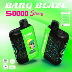 Two green-and-black BANG BLAZE 50000 Starry vape devices on a bright green background, one showing a cartoon monkey labelled 'Watermelon Ice' and the other showing constellation-style dot graphics, with visible branding and small icons for Type-C, quick charge, 550mAh and mode options.