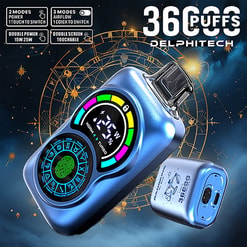 Metallic blue Delphitech vape device with a colourful circular digital display and fingerprint-style touch pad, a detached pod alongside, set against a starry astrological diagram background with small feature callouts.