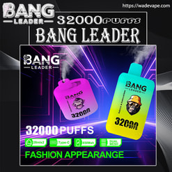 Promotional ad for Bang Leader showing two brightly coloured disposable vapes—a purple square-shaped device and a cyan-to-yellow rounded device, both with illustrated ape logos—set against a neon circuit-like background with bold text '32000 puffs' and icons indicating 28ml×2, Type-C, 650mAh and dual mesh features.