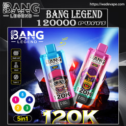 Productposter voor wegwerpvapes van Bang Legend met twee kleurrijke 120K-apparaten (blauw en roze) met gestileerde apenafbeeldingen, merklogo en grote '120000 puffs'/'120K'-tekst, een 5-in-1 smaakwiel, mesh-spoel/50 ml/Type-C-pictogrammen en een gloeiende vulkanische gesteenteachtergrond.
