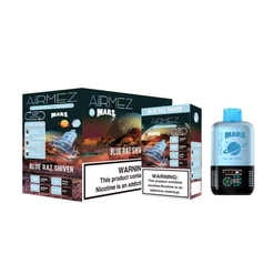Blue Raz Shiver AiRMEZ Mars disposable vape display showing two retail boxes with planetary artwork and prominent nicotine warning labels beside a light-blue pod-style vape with Mars logo and black base.
