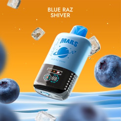 Blue capsule-shaped vape device labeled 'MARS' and 'Blue Raz Shiver' with a glossy digital display floats above a wavy blue surface surrounded by blueberries and ice cubes against a bright orange background.