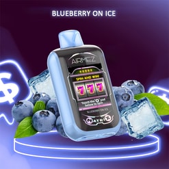 A glossy pale-blue vape pod branded 'AiRMEZ' displaying a slot-machine 'Spin and Win' 777 screen, set among blueberries and ice cubes on a neon purple background with the title 'BLUEBERRY ON ICE' above.