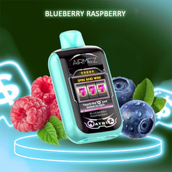 Turquoise AiRMEZ vape device with a slot-machine style screen showing '777' and labelled 'Blueberry Raspberry', positioned on a glowing circular pedestal with fresh blueberries and raspberries and neon dollar signs in the background.