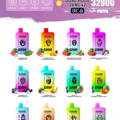Plakat promocyjny ładowalnych waporyzatorów Bang Leader Type-C z dwoma kapsułami, reklamujący 32 000 zaciągnięć i specyfikacji (28 ml x2, Typ C, 650 mAh, podwójna siatka) z dwunastoma kolorowymi urządzeniami gradientowymi ułożonymi w siatkę, każde z obrazami owoców i nazwami smaków, takimi jak arbuz, truskawka, jagoda, mango, kiwi i winogrona.