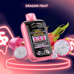 Pink AiRMEZ vape device with a slot-machine style screen showing '777' and 'Spin and Win', perched on a glowing neon pedestal and surrounded by whole and sliced white-fleshed dragon fruits beneath a 'DRAGON FRUIT' heading.