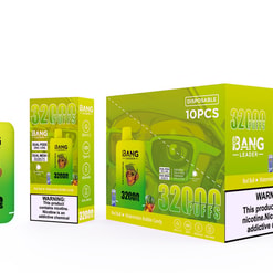 Bright yellow‑green disposable vape device and matching packaging for 'Bang Leader' showing a monkey logo, '32,000 puffs' branding and flavour 'Red Bull + Watermelon Bubble Candy', alongside a small retail box and a larger 10‑pack carton with a prominent nicotine warning.