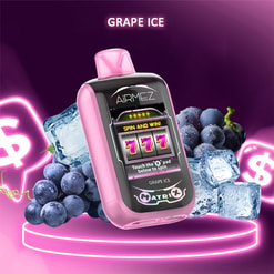 Pink AirMEZ grape ice vape device with a slot-machine style 'Spin and Win' screen showing triple 7, surrounded by grapes, ice cubes and neon dollar-sign graphics on a purple background