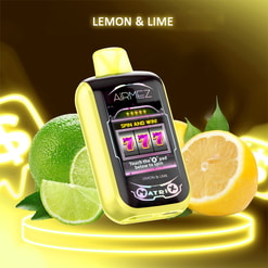 Yellow lemon-and-lime themed AiRMEZ device with a touchscreen showing a slot-machine display reading 777 and Spin and Win!, set on a glowing neon platform beside whole and sliced lemon and lime under the heading LEMON & LIME
