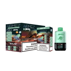 Mint-green AiRMEZ 'Mars Pop' rechargeable disposable vape with a black digital control panel shown beside its Mars-themed retail box and larger display box, both bearing nicotine warning labels.
