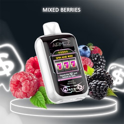 White AiRMEZ vape device with a screen showing a 'Spin and Win' slot machine and 777, labelled 'Mixed Berries', perched on a glowing pedestal and surrounded by raspberries, blackberries and blueberries with neon dollar icons in the background