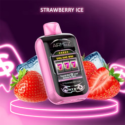 Pink AiRMEZ pod device labeled Strawberry Ice, showing a digital slot-machine display with 'Spin and Win' and 777, surrounded by strawberries and ice cubes on a glowing neon-pink stage.