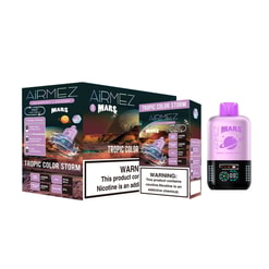 Product photo showing AiRMEZ Mars 'Tropic Color Storm' rechargeable disposable vape packaging — two colourful boxes with planetary and desert imagery, nicotine warning labels, and a pink‑purple AiRMEZ Mars device with a black base and small LED panel to the right.