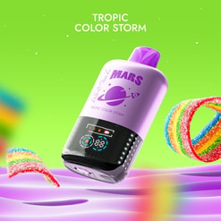 Purple Mars-branded vape device with a glossy black digital display floats above a pink‑purple wavy surface against a neon green background, surrounded by colourful rainbow sour-belt candy strips and the text Tropic Color Storm