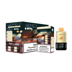 Pack of Airmez Mars 'Tropic Tango' rechargeable disposable vapes showing two Mars-themed product boxes with prominent nicotine warning labels and a gold-and-black pod device bearing a planet logo and digital-style indicator.