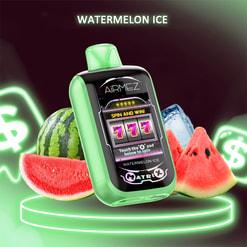 Green AiRMEZ Watermelon Ice vape device with a slot-machine '777' display, placed on a glowing neon platform beside watermelon slices and an ice cube with neon dollar signs in the background