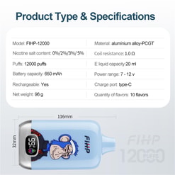 fihp digital 12000 puffs original genuine disposable vape type c charging port fihp 12k customizable fast shipping