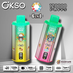 okso 6 w 1 120 000 zaciągnięć jednorazowy waporyzator | potrójna cewka z siatką 6 przełącznik smaku | inteligentny wyświetlacz 850 mah bateria typu c ochrona
