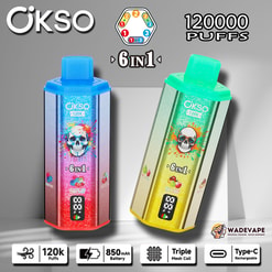 okso 6 w 1 120 000 zaciągnięć jednorazowy waporyzator | potrójna cewka z siatką 6 przełącznik smaku | inteligentny wyświetlacz 850 mah bateria typu c ochrona