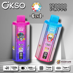 okso 6 w 1 120 000 zaciągnięć jednorazowy waporyzator | potrójna cewka z siatką 6 przełącznik smaku | inteligentny wyświetlacz 850 mah bateria typu c ochrona