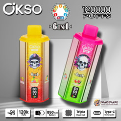 okso 6 w 1 120 000 zaciągnięć jednorazowy waporyzator | potrójna cewka z siatką 6 przełącznik smaku | inteligentny wyświetlacz 850 mah bateria typu c ochrona