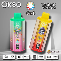 okso 6 w 1 120 000 zaciągnięć jednorazowy waporyzator | potrójna cewka z siatką 6 przełącznik smaku | inteligentny wyświetlacz 850 mah bateria typu c ochrona