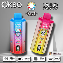 okso 6 w 1 120 000 zaciągnięć jednorazowy waporyzator | potrójna cewka z siatką 6 przełącznik smaku | inteligentny wyświetlacz 850 mah bateria typu c ochrona