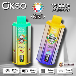 okso 6 w 1 120 000 zaciągnięć jednorazowy waporyzator | potrójna cewka z siatką 6 przełącznik smaku | inteligentny wyświetlacz 850 mah bateria typu c ochrona