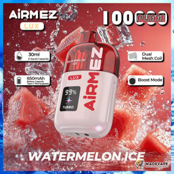 airmez lux 100000 puffs disposable vape | transparent tank dual mesh coil boost mode | 30ml 650mah smart display