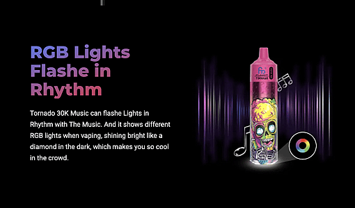 Promotional banner with the headline "RGB Lights Flashe in Rhythm" and text about Tornado 30K Music flashing lights, alongside a colourful disposable vape device featuring a glowing skull design, musical notes, vertical purple audio-wave bars and an RGB colour wheel on a black background.