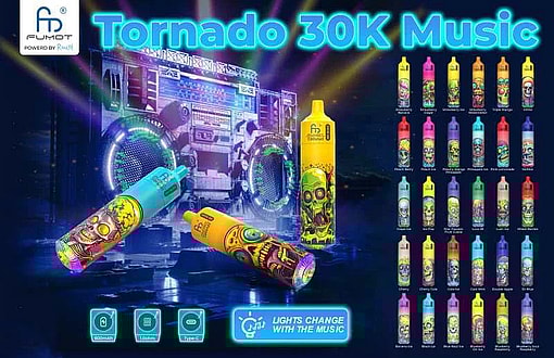 Promotional image for Tornado 30K Music disposable vapes showing three large colourful devices with skull and neon artwork in front of a glowing boombox and stage lights, a right-hand grid of many flavour-coloured devices, and an icon noting the lights change with the music