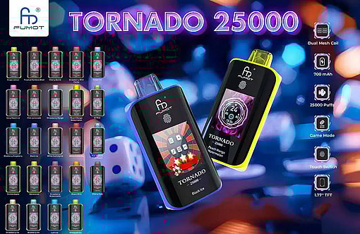 Promotional poster showing two colourful Fumot Tornado 25000 vape devices in the foreground with a neon 'TORNADO 25000' headline, a grid of small flavour variants on the left and icons on the right highlighting features like dual mesh coil, 700 mAh battery, 25,000 puffs, game mode, touch switch and 1.77" TFT screen.