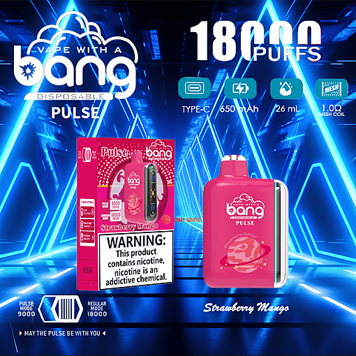Promotional neon-blue graphic showing a pink Bang Pulse disposable vape and its Strawberry Mango box with a prominent nicotine warning, advertising 18,000 puffs and icons for Type‑C charging, 650 mAh battery, 26 mL e‑liquid and 1.0Ω mesh coil.