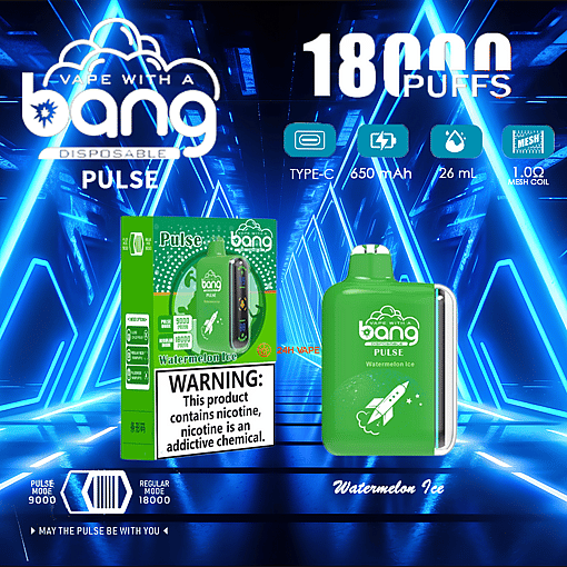 Green Bang Pulse disposable vape device and matching Watermelon Ice packaging displayed against a neon-blue geometric background, showing '18,000 puffs', icons for Type-C, 650 mAh, 26 mL and 1.0Ω mesh coil, and a nicotine warning label on the box.