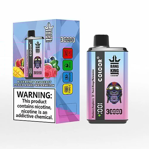 A colourful Bang King disposable vape and its matching box showing a gradient purple‑pink pod with a black mouthpiece and monkey-with-goggles logo, flavour icons for blueberry, raspberry, peach mango and watermelon, '3000' puffs branding and a prominent nicotine warning label on the box.