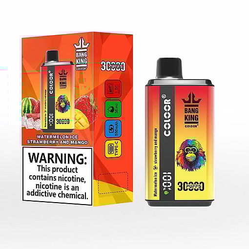 Bright orange-red product box and matching disposable Bang King vape device with a colourful ape logo, flavour text 'Watermelon Ice, Strawberry and Mango', specification icons and a large nicotine warning on the box.