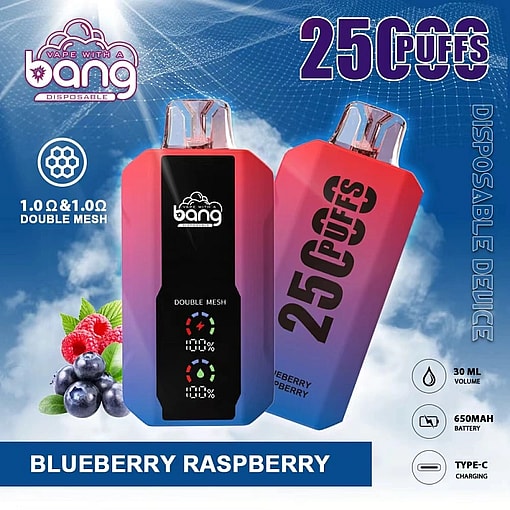 Packaging for a Bang disposable vape featuring two pink-to-blue gradient devices—one with a screen reading 'Double Mesh'—labelled '25 Puffs', flavour Blueberry Raspberry with blueberry and raspberry images and icons for 30 ml volume, 650 mAh battery and Type‑C charging.