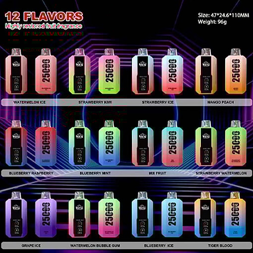 Twelve gradient-coloured disposable vape devices arranged in three rows under the headline '12 FLAVORS', each with a small mouthpiece and black front panel showing icons and flavour labels like Watermelon Ice, Strawberry, Mango Peach, Blueberry Mint and Grape Ice, set against a neon geometric background.